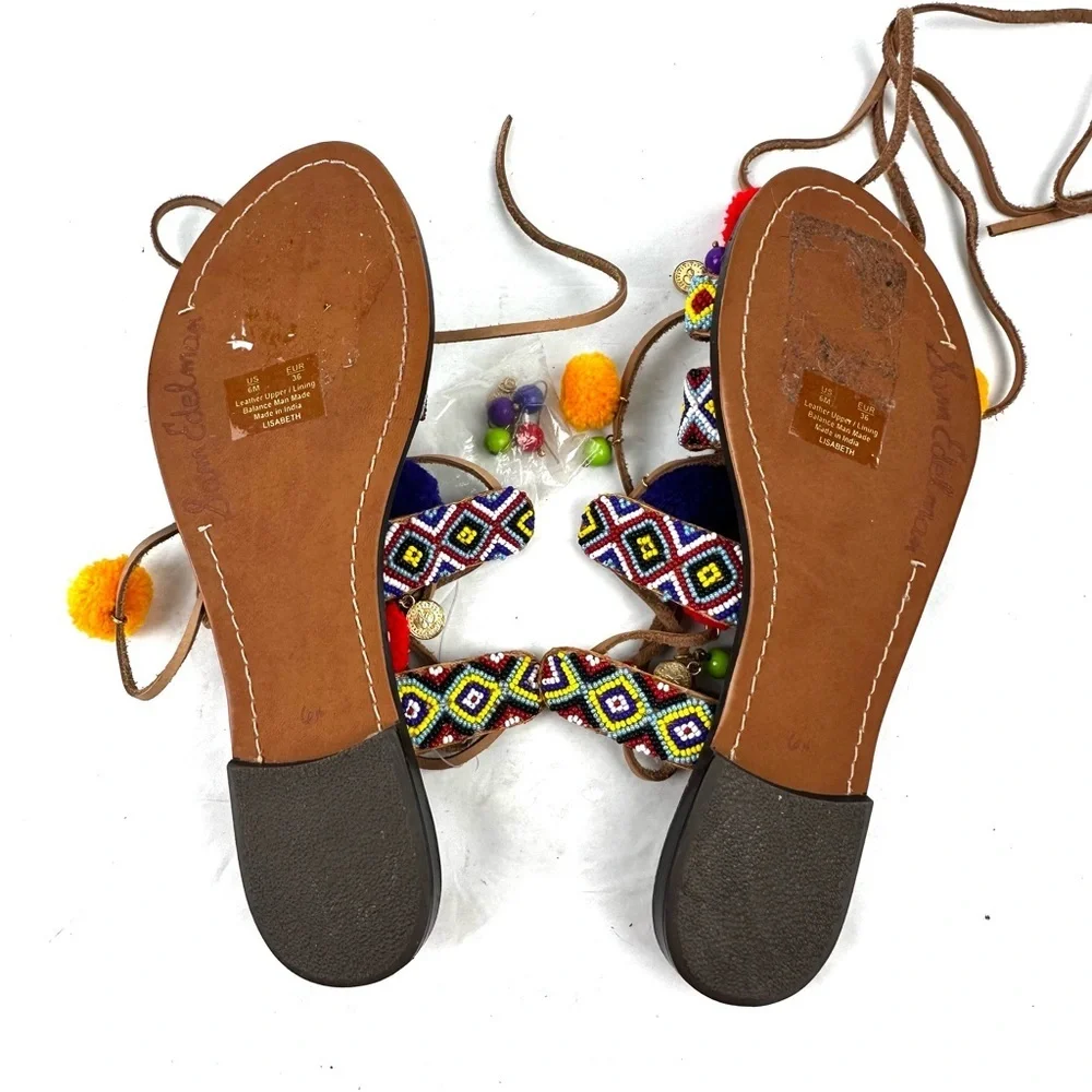 Sam Edelman Lisabeth Sandals 6 Lace Up Beaded Pom‎ Pom Bohemian Brand New